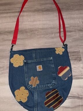 Carhartt Blue Denim Crossbody Bag with Red Strap and Multicolor Patches